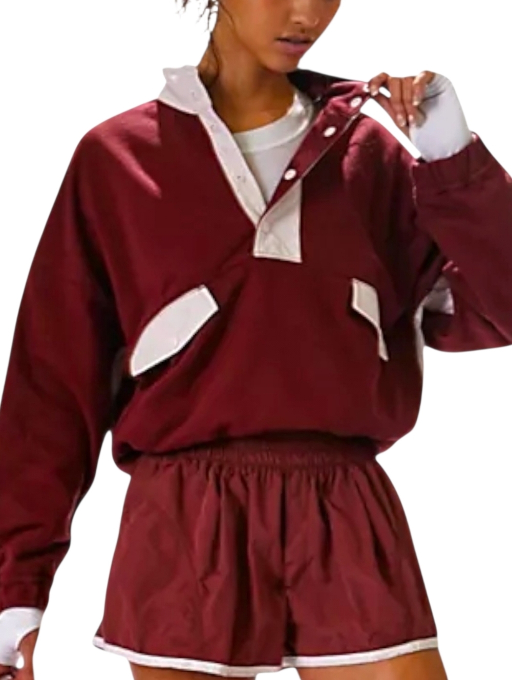 FP Movement World Tour Pullover Burgundy White Quarter Button Medium Sporty NWOT